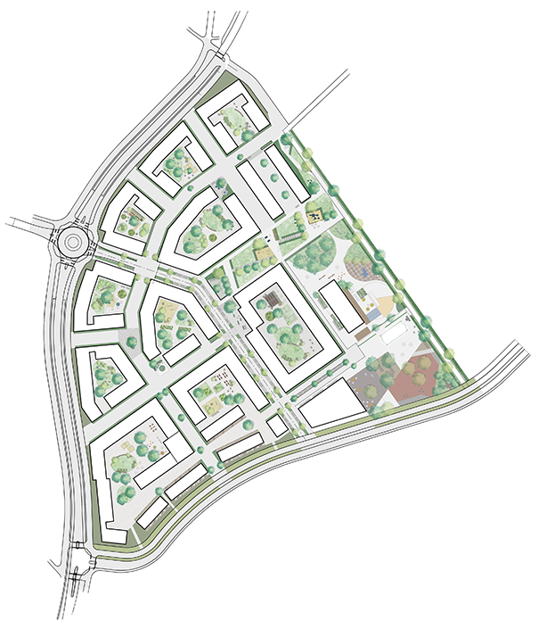 Översiktskarta över Lötängens bostadsområde i Knivsta, med flera olika kvarter och stadsrum som torg, lekparker och innergårdar.