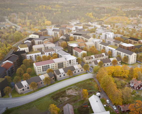 Illustration över ett färdigställt Lötängen, omgivet av Knivstas natur och befintliga bostadskvarter. Varierande bebyggelse i naturskönt område.