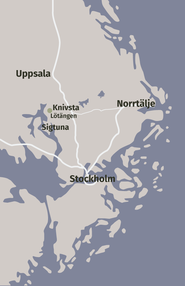 En kartöversikt över Lötängens geografiska förhållanden, med närhet till större städer och arbetsmarknader som Stockholm, Uppsala och Norrtälje.